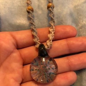 Handblown glass pendant with hemp chord